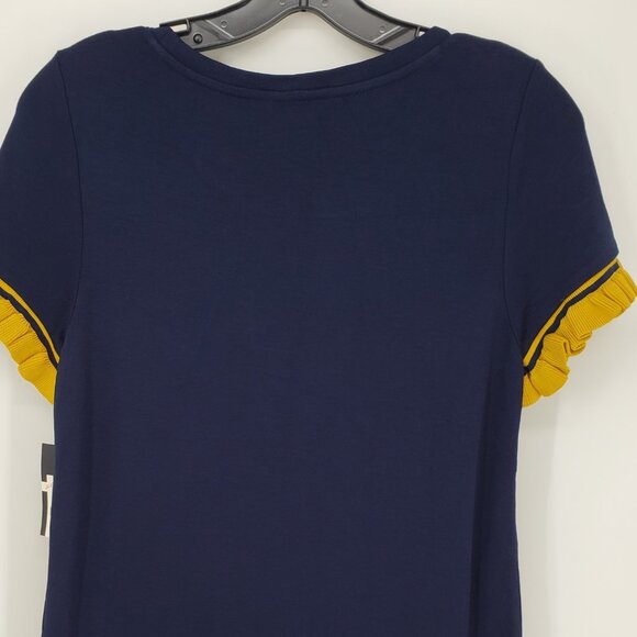 Crown & Ivy Knit Ruffle Trim Tee Shirt Top XS Short Sleeves Navy Blue Yellow NEW - Picture 7 of 8